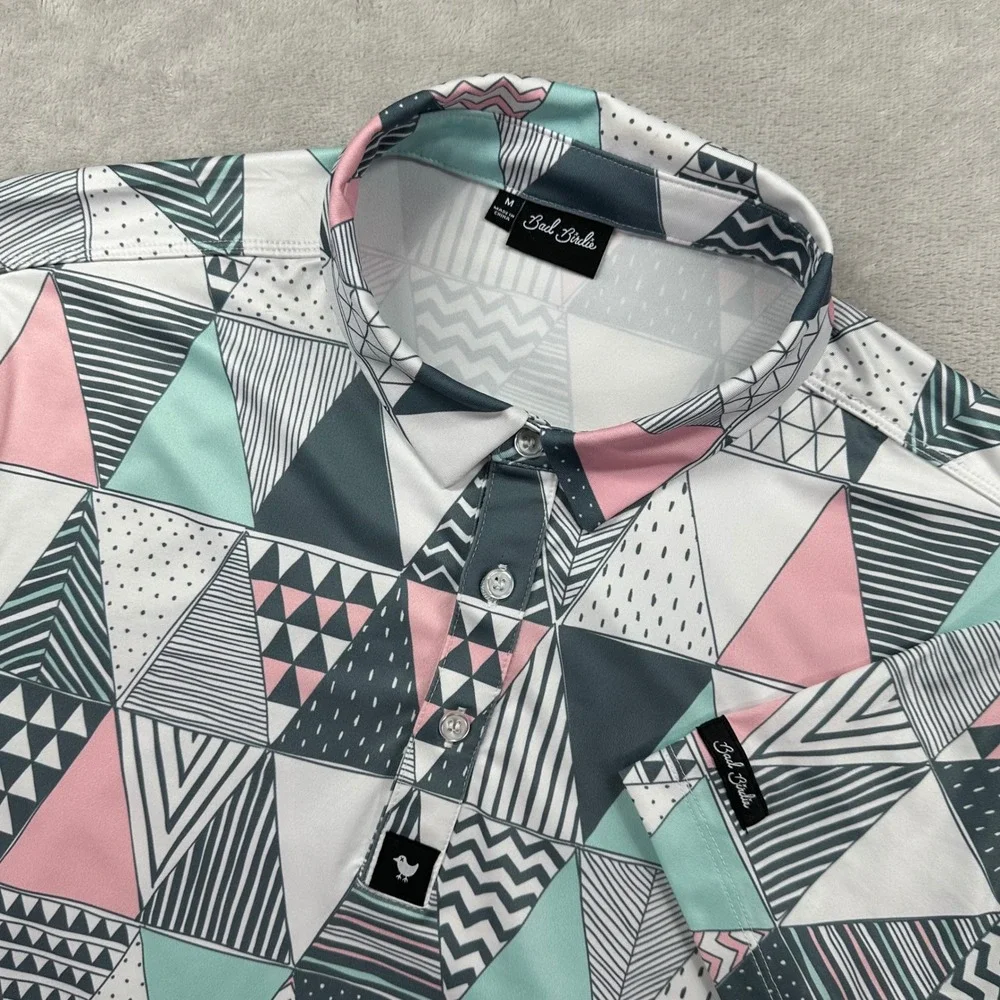 Bad Birdie Polo Shirt Mens Medium Multicolor Geometric Triangle Golf Performance - Picture 1 of 11